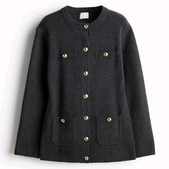 H&M Dark Gray Grey Fitted Classic Knit Cardigan Sweater Gold Buttons Size S - Picture 1 of 7